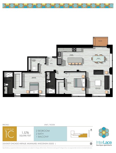 Floor plan for 2 beds, 1 bath, 1576 sqft